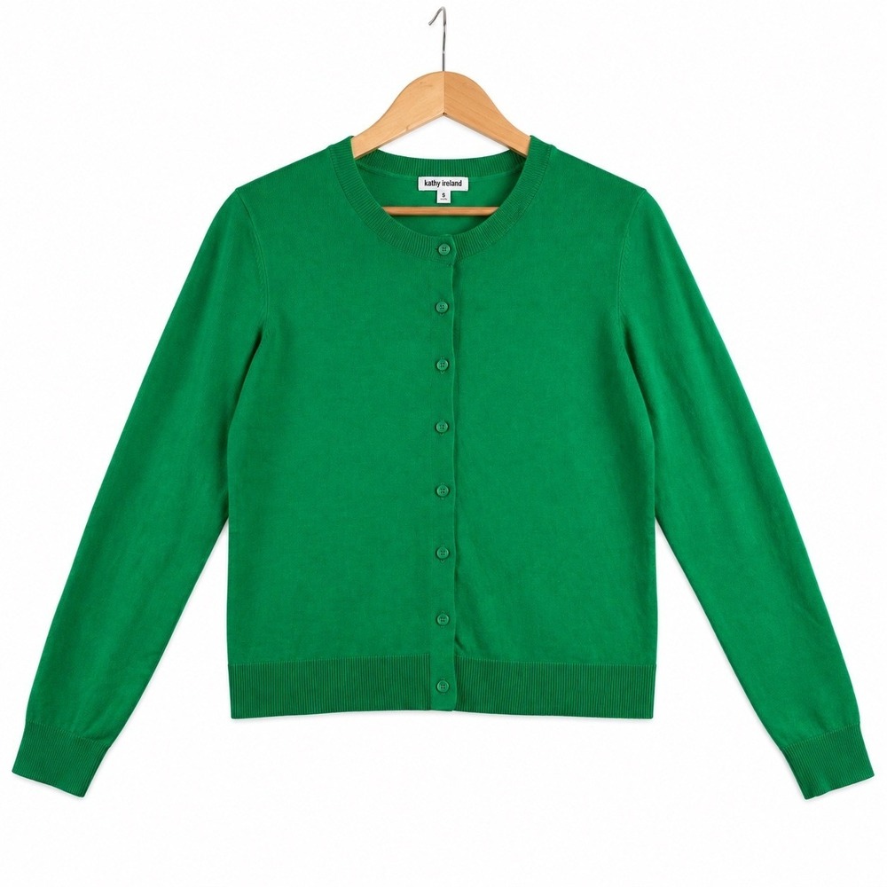 Kathy Ireland Green Knit Button Front Cardigan Sweater Crew Neck Womens M
